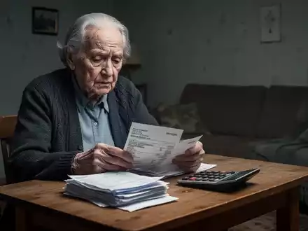 Eine ältere Person sitzt besorgt an einem Tisch mit Rechnungen und einem Taschenrechner. - Foto: über boerse-global.de