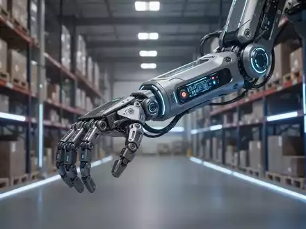 Nahaufnahme eines modernen Roboter-Exoskelett-Arms in einem industriellen Logistikzentrum mit blauen LED-Akzenten. - Foto: über boerse-global.de