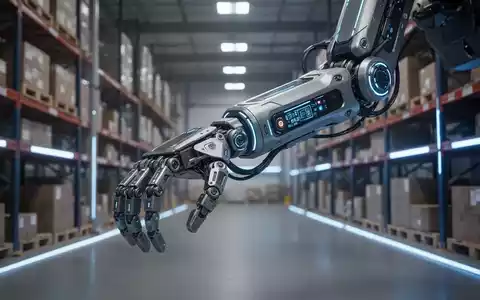 Nahaufnahme eines modernen Roboter-Exoskelett-Arms in einem industriellen Logistikzentrum mit blauen LED-Akzenten. - Foto: über boerse-global.de