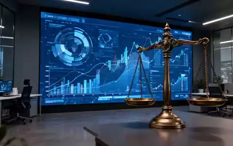 Konzeptionelle Darstellung rechtlicher Prüfung mit digitalen Datenvisualisierungen und Waage der Gerechtigkeit. - Foto: über boerse-global.de