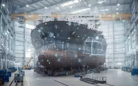 Moderne Werft mit Schiffsrumpf im Bau und digitalen Datenüberlagerungen für KI-Integration. - Foto: über boerse-global.de