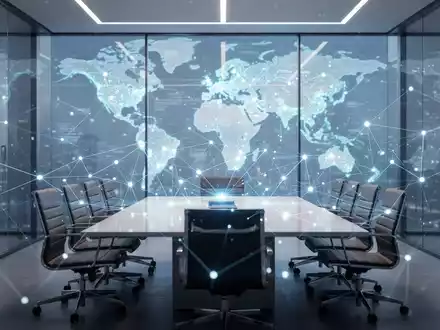 Ein modernes Büro mit digitalem Netzwerk-Overlay und einer Weltkarte, die technologische Vernetzung visualisiert. - Foto: über boerse-global.de