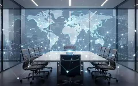 Ein modernes Büro mit digitalem Netzwerk-Overlay und einer Weltkarte, die technologische Vernetzung visualisiert. - Foto: über boerse-global.de