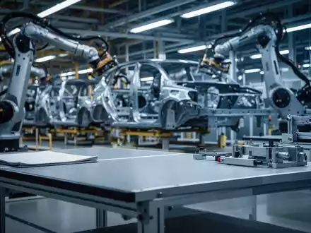 Modernes Fließband in einer Automobilfabrik mit verschwommenen Industrierobotern und Fahrzeugteilen. - Foto: über boerse-global.de