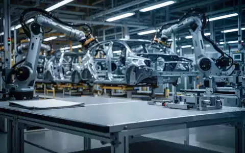 Modernes Fließband in einer Automobilfabrik mit verschwommenen Industrierobotern und Fahrzeugteilen. - Foto: über boerse-global.de