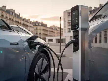 Modernes Elektroauto an einer Ladestation in einer europäischen Stadt bei Sonnenuntergang. - Foto: über boerse-global.de