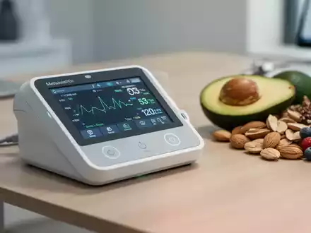 Ein medizinisches Analysegerät für den Stoffwechsel neben frischen, gesunden Lebensmitteln als Symbol für Ernährungstherapie. - Foto: über boerse-global.de
