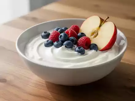 Eine Schale mit griechischem Joghurt, garniert mit frischen Beeren und Apfelstücken auf einem Holztisch. - Foto: über boerse-global.de
