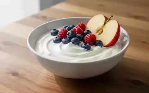 Eine Schale mit griechischem Joghurt, garniert mit frischen Beeren und Apfelstücken auf einem Holztisch. - Foto: über boerse-global.de