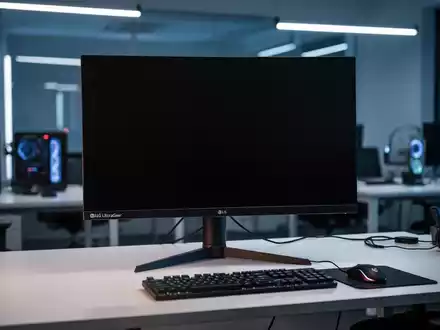 Ein moderner LG UltraGear Gaming-Monitor auf einem Schreibtisch in einer professionellen Büroumgebung. - Foto: über boerse-global.de