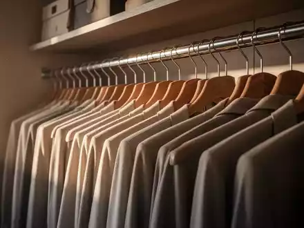 Ordentlich sortierte Kleiderbügel auf einer Kleiderstange in einem minimalistischen, hellen Kleiderschrank. - Foto: über boerse-global.de