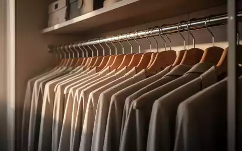 Ordentlich sortierte Kleiderbügel auf einer Kleiderstange in einem minimalistischen, hellen Kleiderschrank. - Foto: über boerse-global.de