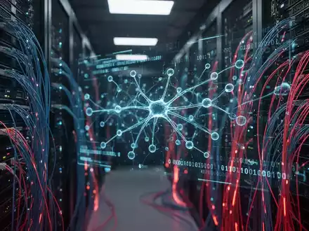 Abstraktes digitales Netzwerk mit leuchtenden Datenströmen und binärem Code in einem modernen Serverraum. - Foto: über boerse-global.de