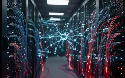 Abstraktes digitales Netzwerk mit leuchtenden Datenströmen und binärem Code in einem modernen Serverraum. - Foto: über boerse-global.de