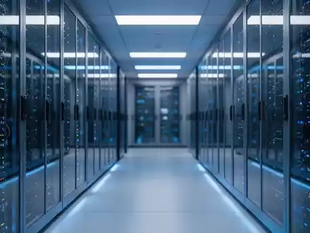 Moderner Rechenzentrumsinnenraum mit beleuchteten Serverracks, die Cloud-Infrastruktur und Cybersicherheit darstellen. - Foto: über boerse-global.de