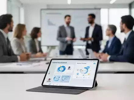 Führungskräfte in einem modernen Büro bei einem hybriden Workshop mit digitalem Lernprogramm auf einem Tablet. - Foto: über boerse-global.de