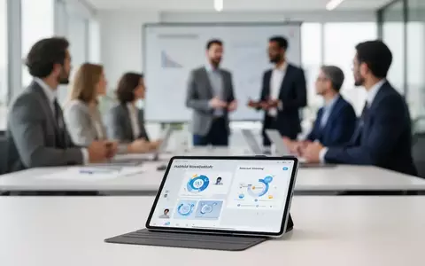 Führungskräfte in einem modernen Büro bei einem hybriden Workshop mit digitalem Lernprogramm auf einem Tablet. - Foto: über boerse-global.de
