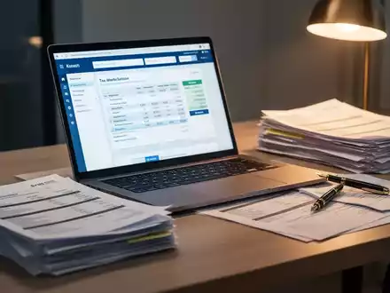 Ein moderner Schreibtisch mit Laptop, Steuerunterlagen und einem Füllfederhalter als Symbol für die Steuererklärung. - Foto: über boerse-global.de