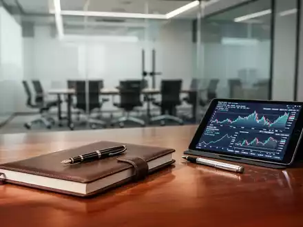 Ein moderner Schreibtisch mit Notizbuch, Füllfederhalter und Tablet, das Finanzdiagramme anzeigt, in einem Büro. - Foto: über boerse-global.de