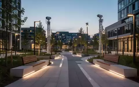 Modern gestalteter Stadtpark mit klarer Sicht, neuer Beleuchtung und einem mobilen Überwachungsturm in der Dämmerung. - Foto: über boerse-global.de