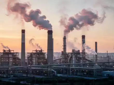 Moderne Industrieanlage bei Sonnenuntergang mit rauchenden Schloten, die den industriellen Wandel symbolisiert. - Foto: über boerse-global.de
