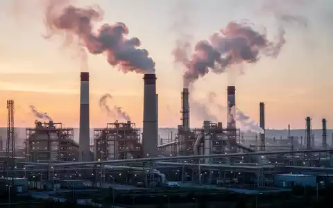Moderne Industrieanlage bei Sonnenuntergang mit rauchenden Schloten, die den industriellen Wandel symbolisiert. - Foto: über boerse-global.de