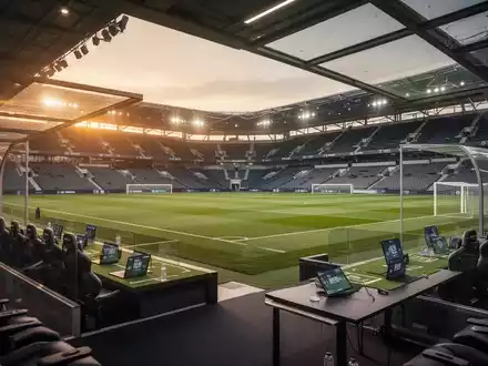 Modernes Fußballstadion bei Dämmerung mit Fokus auf die Trainerbank und das Spielfeld. - Foto: über boerse-global.de