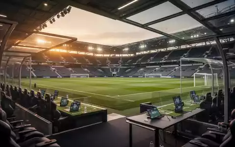 Modernes Fußballstadion bei Dämmerung mit Fokus auf die Trainerbank und das Spielfeld. - Foto: über boerse-global.de