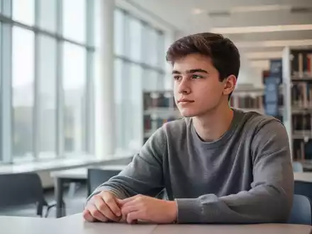 Ein junger Student in einer modernen Bibliothek, der nachdenklich und entspannt wirkt, umgeben von Büchern. - Foto: über boerse-global.de