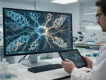 Digitales Modell von neuronalen Strukturen und Gehirnprozessen auf einem Monitor in einem modernen Forschungslabor. - Foto: über boerse-global.de