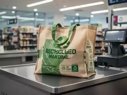 Eine hochwertige, wiederverwendbare Einkaufstasche aus recyceltem Material auf einem modernen Kassentresen. - Foto: über boerse-global.de