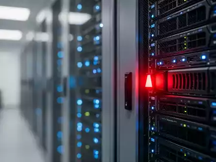 Modernes Server-Rechenzentrum mit einer leuchtenden Warnleuchte als Symbol für einen ungeschützten Serverzugriff. - Foto: über boerse-global.de