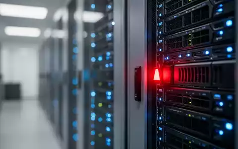 Modernes Server-Rechenzentrum mit einer leuchtenden Warnleuchte als Symbol für einen ungeschützten Serverzugriff. - Foto: über boerse-global.de
