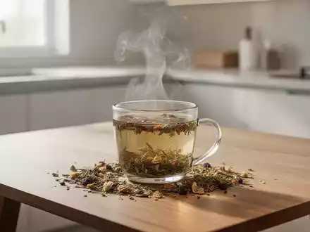Eine dampfende Tasse Kräutertee auf einem Holztisch in einer hellen, modernen Küche. - Foto: über boerse-global.de