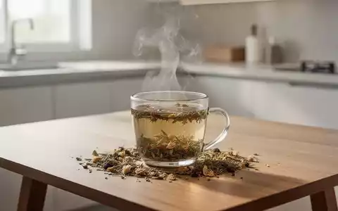 Eine dampfende Tasse Kräutertee auf einem Holztisch in einer hellen, modernen Küche. - Foto: über boerse-global.de