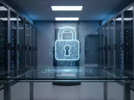 Digitales Vorhängeschloss als Hologramm in einem modernen Serverraum als Symbol für Cybersicherheit und Personalschutz. - Foto: über boerse-global.de