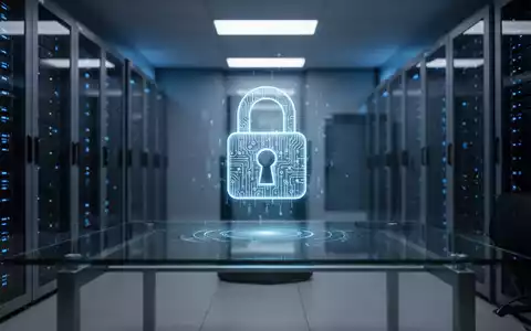 Digitales Vorhängeschloss als Hologramm in einem modernen Serverraum als Symbol für Cybersicherheit und Personalschutz. - Foto: über boerse-global.de