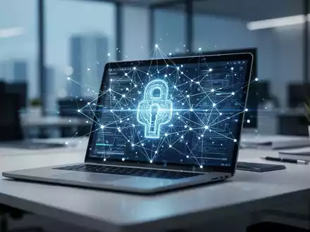 Ein moderner Büroarbeitsplatz mit einem Laptop, auf dessen Bildschirm digitale Datenstrukturen visualisiert werden. - Foto: über boerse-global.de