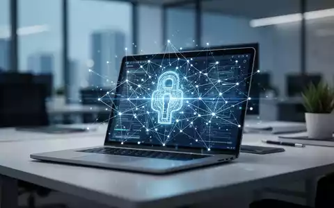 Ein moderner Büroarbeitsplatz mit einem Laptop, auf dessen Bildschirm digitale Datenstrukturen visualisiert werden. - Foto: über boerse-global.de