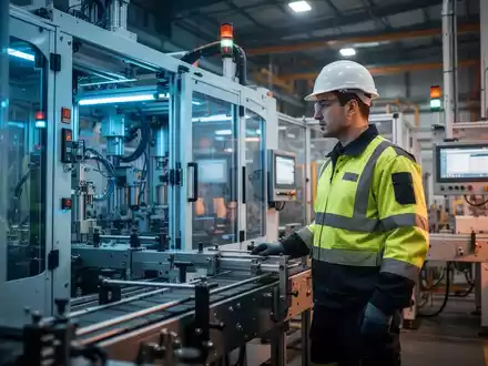 Ein Industriearbeiter in Sicherheitskleidung vor modernen Fertigungsmaschinen in einer hellen Produktionshalle. - Foto: über boerse-global.de