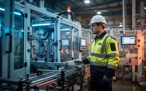 Ein Industriearbeiter in Sicherheitskleidung vor modernen Fertigungsmaschinen in einer hellen Produktionshalle. - Foto: über boerse-global.de