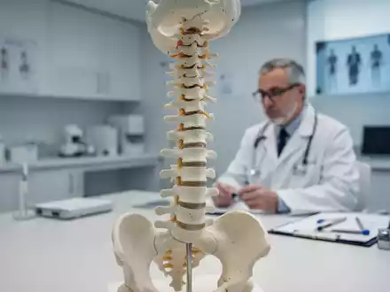 Medizinisches WirbelsĂ€ulenmodell auf einem Schreibtisch in einer modernen Arztpraxis. - Foto: ĂŒber boerse-global.de