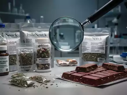 Nahaufnahme von Nahrungsergänzungsmitteln und Schokoriegeln unter einer Lupe im Labor zur Untersuchung von Inhaltsstoffen. - Foto: über boerse-global.de
