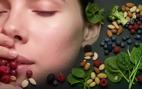 Nahaufnahme menschlicher Haut neben frischen Lebensmitteln wie Beeren und Nüssen als Symbol für gesunde Ernährung. - Foto: über boerse-global.de
