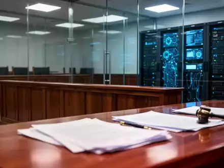 Moderner Gerichtssaal mit juristischen Dokumenten, symbolisiert die Schnittstelle von Recht und künstlicher Intelligenz. - Foto: über boerse-global.de