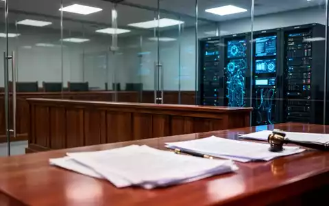 Moderner Gerichtssaal mit juristischen Dokumenten, symbolisiert die Schnittstelle von Recht und künstlicher Intelligenz. - Foto: über boerse-global.de