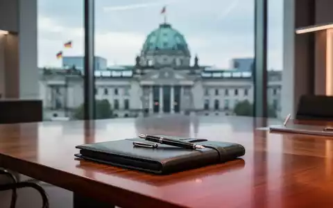 Modernes Regierungsbüro mit Schreibtisch und Blick auf ein Parlamentsgebäude bei Tageslicht. - Foto: über boerse-global.de