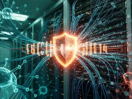 Abstrakte Darstellung einer digitalen Sicherheitsbarriere mit leuchtenden Datenströmen in einem Rechenzentrum. - Foto: über boerse-global.de