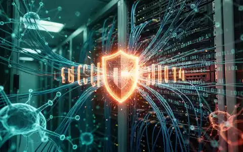 Abstrakte Darstellung einer digitalen Sicherheitsbarriere mit leuchtenden Datenströmen in einem Rechenzentrum. - Foto: über boerse-global.de