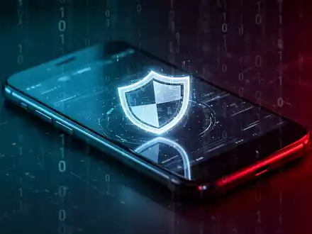 Ein Smartphone-Display mit einem digitalen Schutzschild-Symbol vor einem dunklen Hintergrund mit Cyber-Sicherheitscode. - Foto: über boerse-global.de